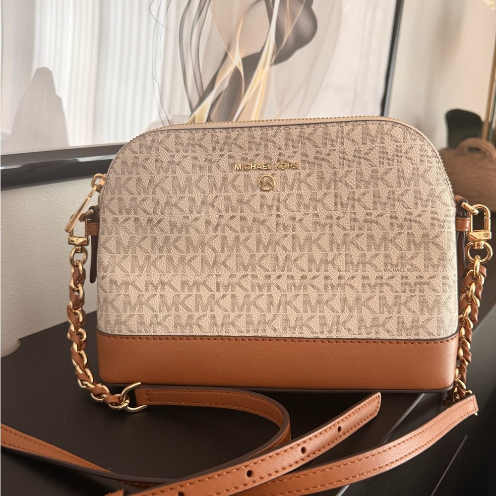 Michael Kors Beige & Brown Signature Dome Crossbody